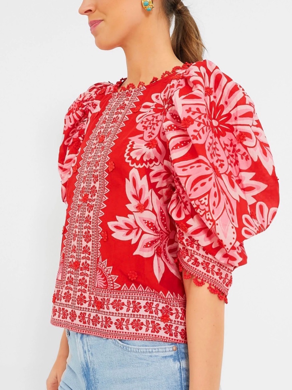 Red Flora Tapestry Embroidered Puff-Sleeve Top NWT - Picture 3 of 11